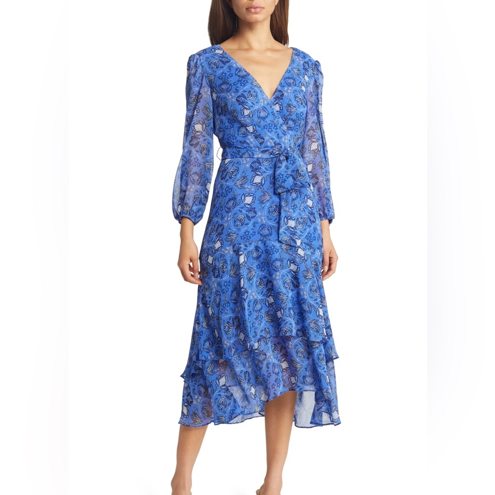 Eliza J - Blue Asymmetrical Tiered Wrap Dress - Size 12